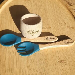 Ensemble couverts bébé bois & silicone + rond de serviette assorti