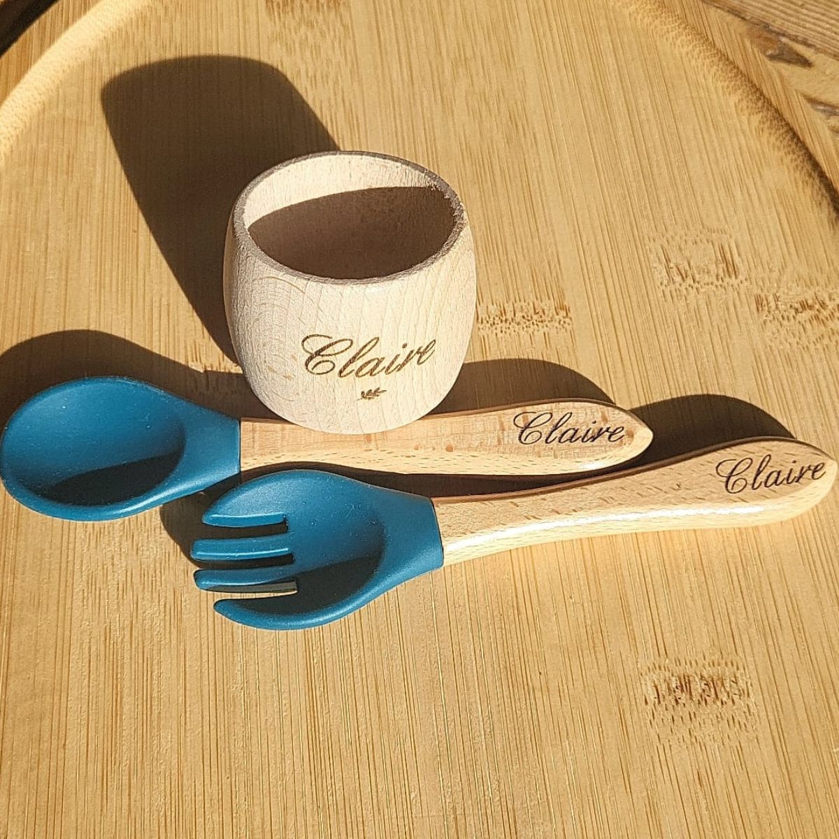 Ensemble couverts bébé bois & silicone + rond de serviette assorti