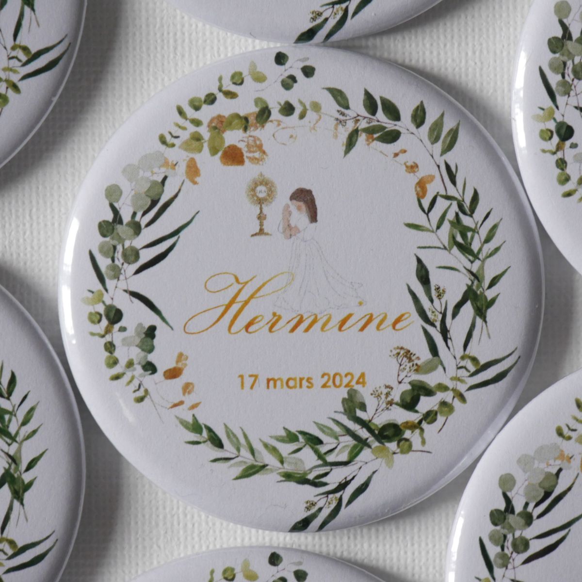 Lots de 7 aimants/magnets personnalisés – Couronne de feuillage vert 1ère Communion