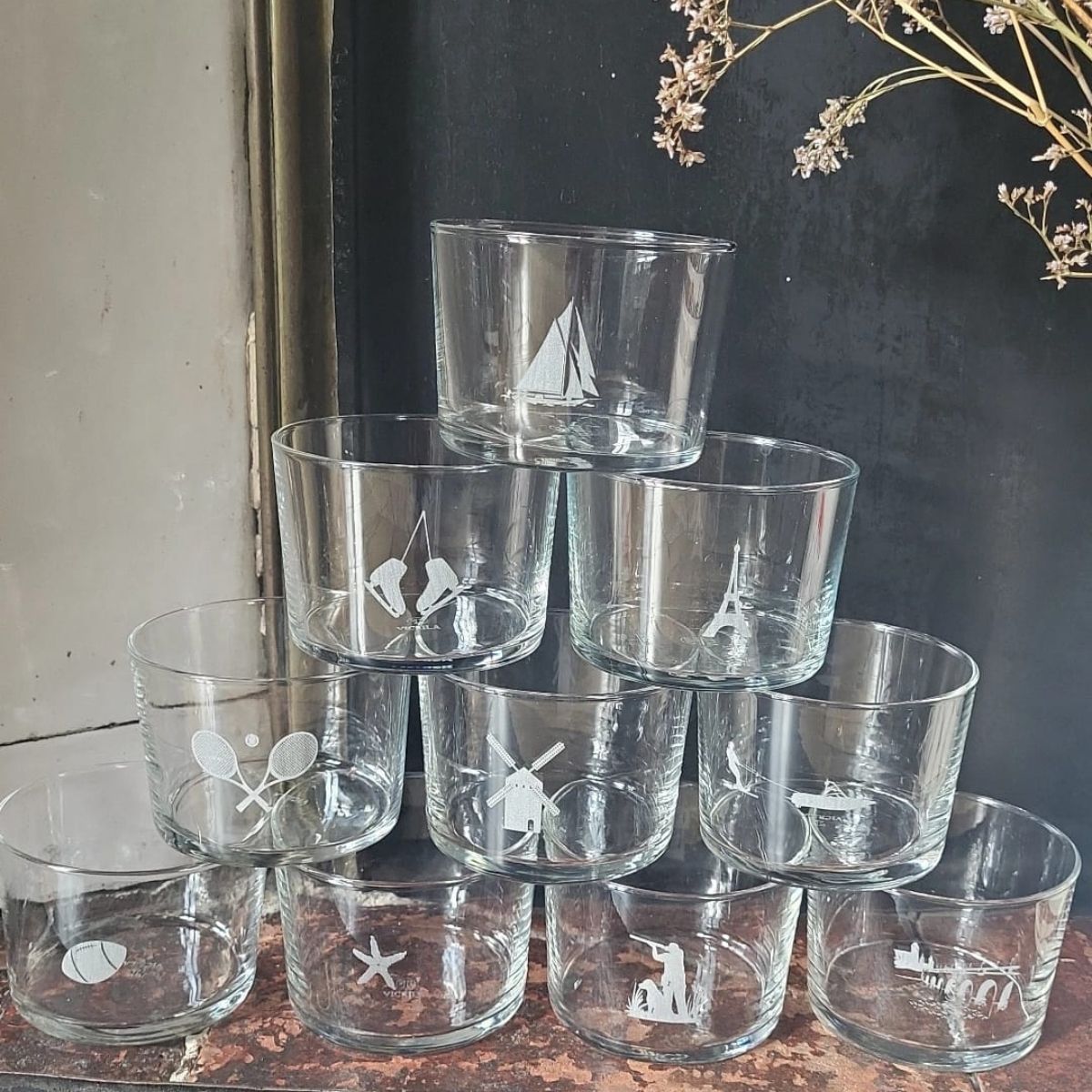 Lot de 6 verres gravés – pictogrammes – verres empilables 20cl